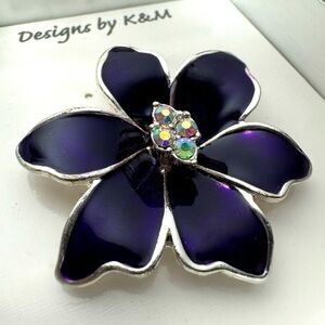 Designs By K&M Purple Flower Brooch Pin Rhinestone Enamel Silver Statement Piece